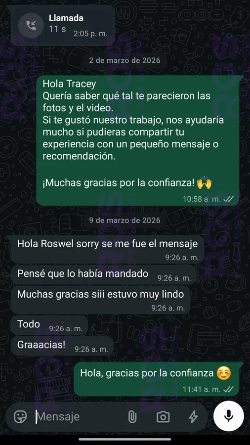 Captura de WhatsApp: cliente agradece por la cobertura de su evento