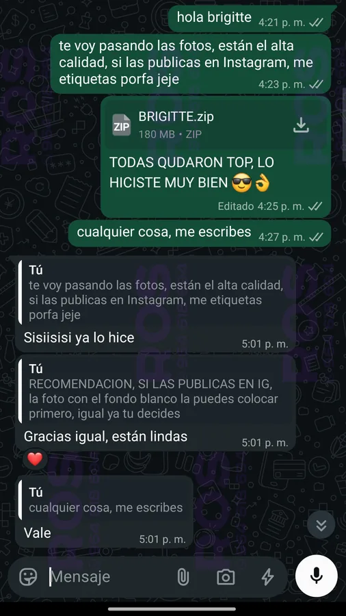 Captura de WhatsApp: cliente agradece por su sesión de fotos